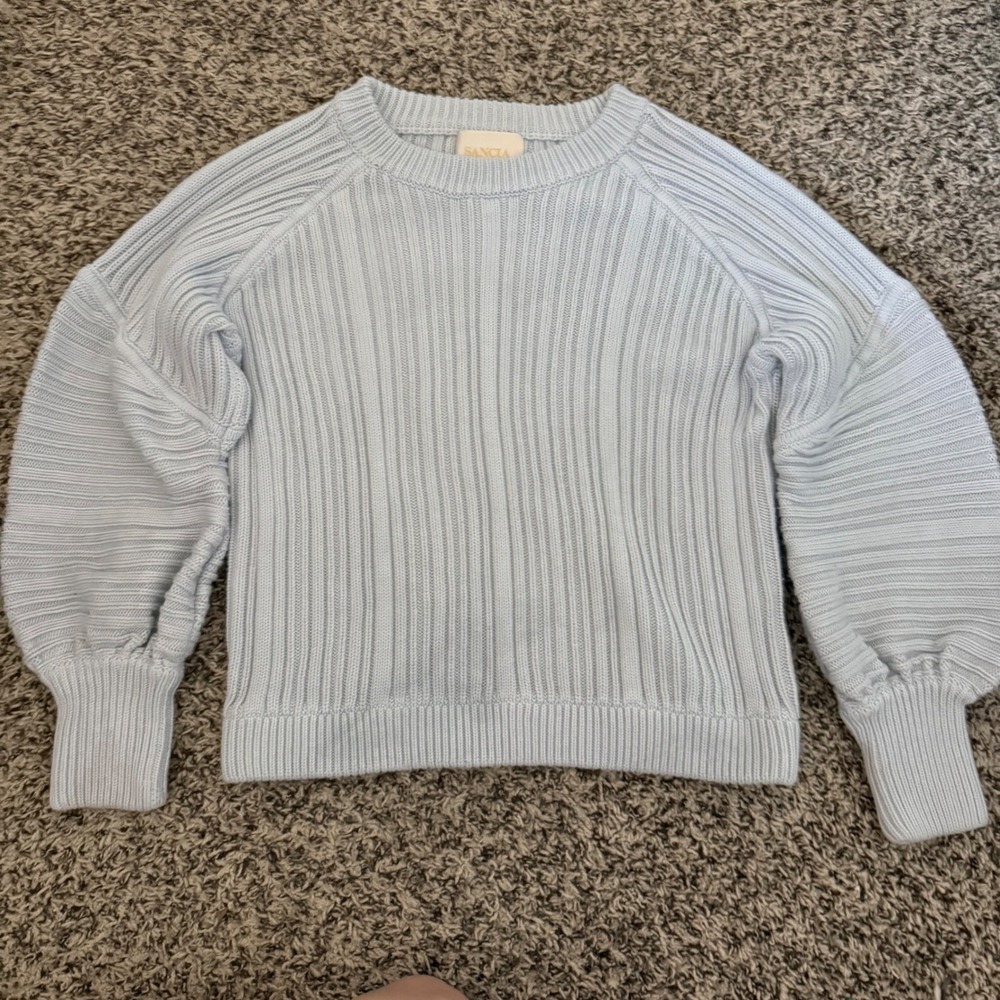 Sancia Womens Ribbed Knit Puff Sleeve Sweater Light Blue Size M Viscose Cotton